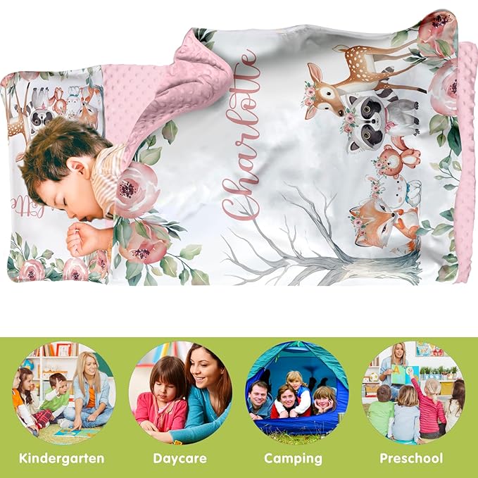 Custom Toddler Nap Mat for Preschool, Personalized Name Kids Sleeping Bag with Animals Parrern for Daycare, Roll Up Sleeping Mat with Removable Pillow and Soft Dot Minky Blanke for Girls Camping