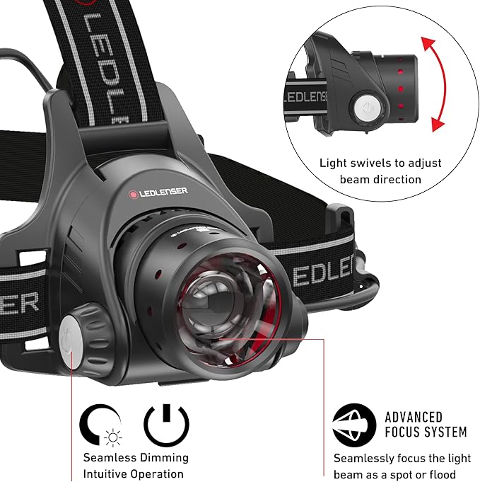 Ledlenser H14R.2 Rechargeable LED Headlamp - Black, 4400mAh Li-ion, IPX4-1000LM Boost & 300M Beam for Bright Headlamp Use - Hard Hat Flashlight Mount Cable - Rear Red Light & Battery Indicator