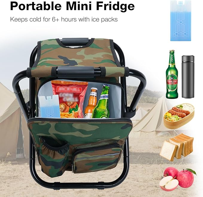 Portable Backpack Stool Cooler Chair for Adults, Folding Large 3 in 1 Multifunction Insulated Camping Seat Backpack Cooler Chair Heavy Duty 350lbs for Fishing Hunting, Camouflage