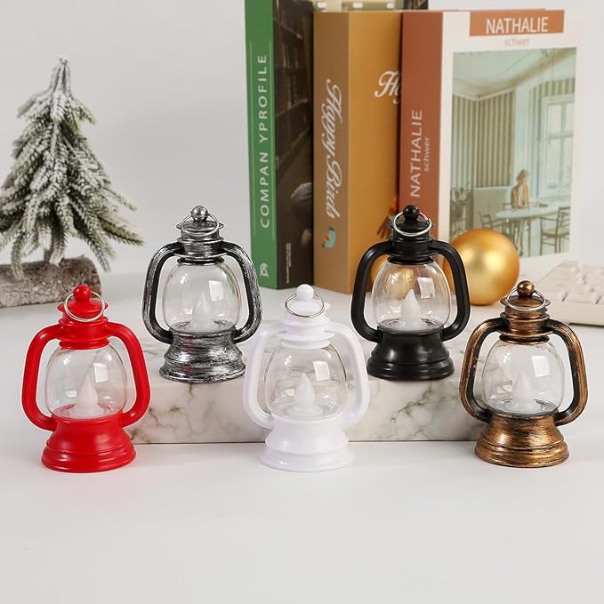 12 Pcs Mini Lanterns Decorative with LED Candle for Western Cowboy Xmas Home Decor Small Hanging Lantern Ornaments Camping Table Centerpiece Vintage Lantern Ornament