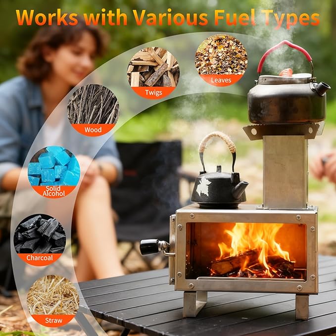Camping Stove for Hot Tents, LAMA 304 Stainless Steel Wood Burning Stove with Stainless Wall Chimney Pipes for Tents, Shelter, Outdoor Portable Stove for Camping Heating and Cooking