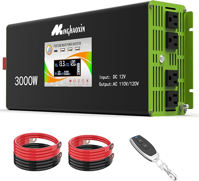 3000W Pure Sine Wave Power Inverter - Car Power Inverter 12v to 110v,Converter with 4 AC Outlets,6000W Peak,LCD Display,Remote Control,Power Inverters for Vehicles,Converter for RV,Truck,Solar,Outdoor