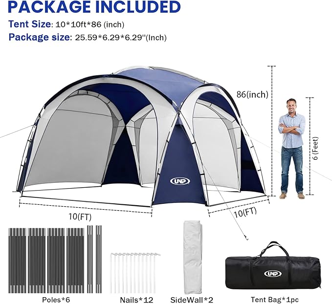 UNP Easy Beach Tent Pop Up Canopy UPF50+ Tent with Side Wall, Ground Pegs, and Stability Poles, Sun Shelter Rainproof, Waterproof for Camping Trips, Backyard Fun, Party Or Picnics