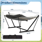 2 Person Double Hammock with Adjustable Steel Stand & Pillow, Heavy Duty Portable Outdoor Hammock Set, MAX 450 LBS Weight Capacity for Patio, Garden, Beach, Backyard