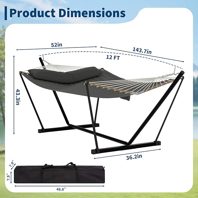 2 Person Double Hammock with Adjustable Steel Stand & Pillow, Heavy Duty Portable Outdoor Hammock Set, MAX 450 LBS Weight Capacity for Patio, Garden, Beach, Backyard