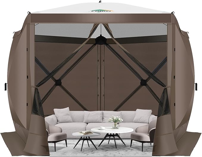 COBIZI Pop Up Gazebo Screen Tent Screen House for Camping, 10FTx10FT Screen Room with Mosquito Netting, Hub Tent Instant Screened Canopy with Carrying Bag and Ground Stakes, Brown