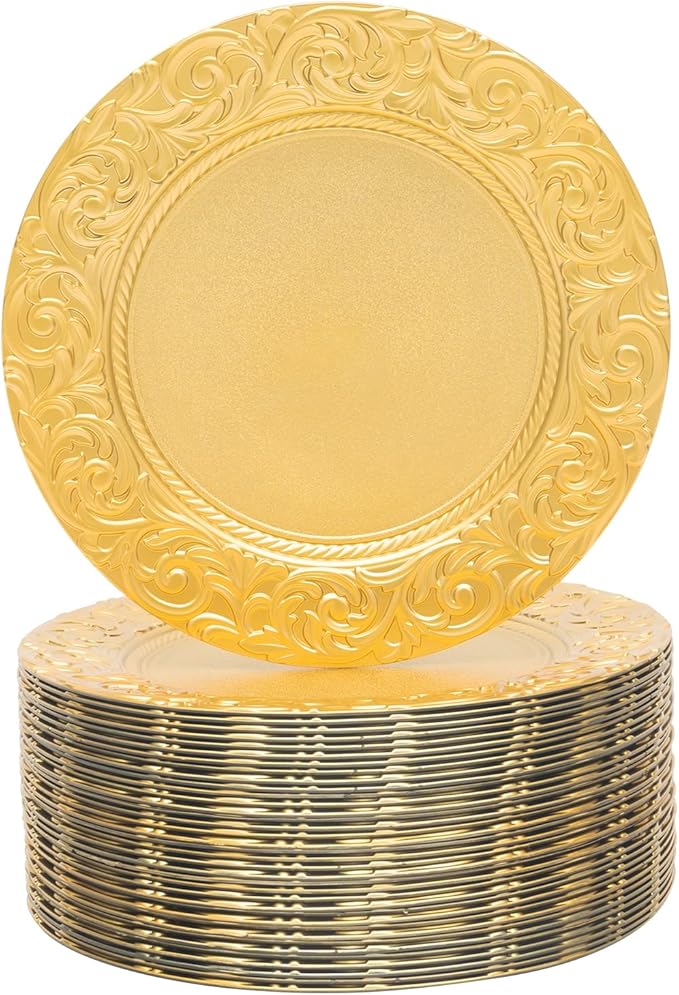 100 Pcs Gold Charger Plates Bulk, 13 Inch Round Charger Plate Set, Plastic Embossed Dinner Chargers Floral Plates for Wedding, Christmas, Party, Event, Decoration (Gold)