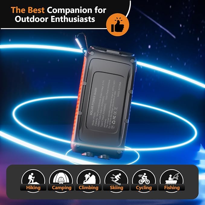 Solar Charger Power Bank 16000mAh Portable Solar Phone Charger with 2 USB-A and Type-C Interface, 15W Fast Charging for iPhone, Samsung etc. Portable Battery Charger with Dual Flashlight for Camping