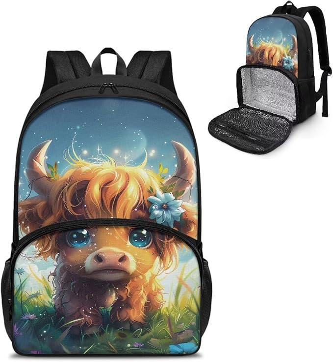 Cute Yak Cow 17 Inch Kids Casual School Backpack Purse, Extra Large Insulated Unisex Lunch Cooler Bag With Computer Compartment, Hiking Picnic Travel Student Dayback