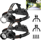 Super Bright Aluminum Headlamp 2Pack, Rechargeable Headlamp High Lumen, 90° Adjustable Focus Head Lights for Forehead, Head Lamps LED Rechargeable, Waterproof Headlamps for Adults Camping Hard Hat