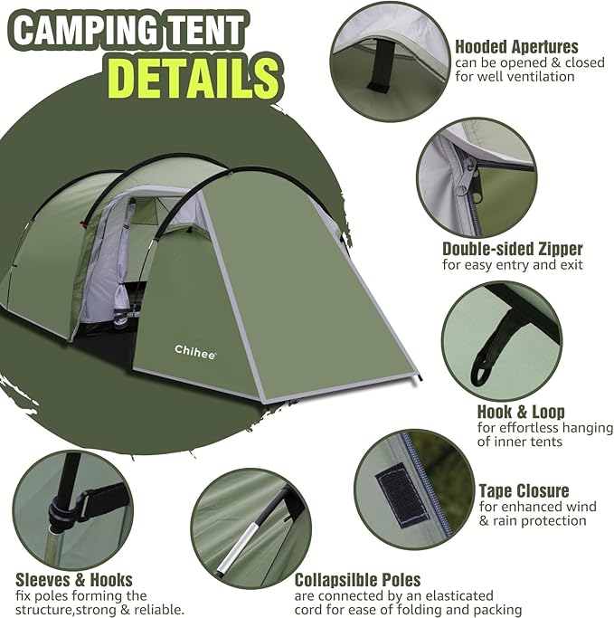 Chihee Camping Tents Tunnel Tent 4 Person Family Tents with 2 Doors Extra Large Weatherproof Shelter 4 Seasons Tents with Screened Porch Room Awning Include Rainfly Carry Bag Travelling Outdoor Hiking