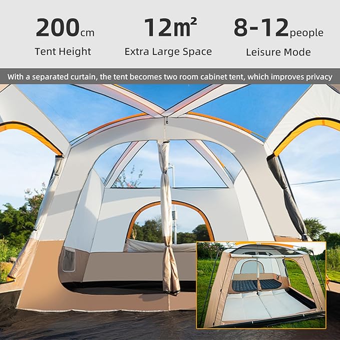 Camping Tent Family Cabin Tents, Large Capacity 2 Room Cabin Tent for Family Outdoor Use, Backpacking, Hiking, Picnics (M)