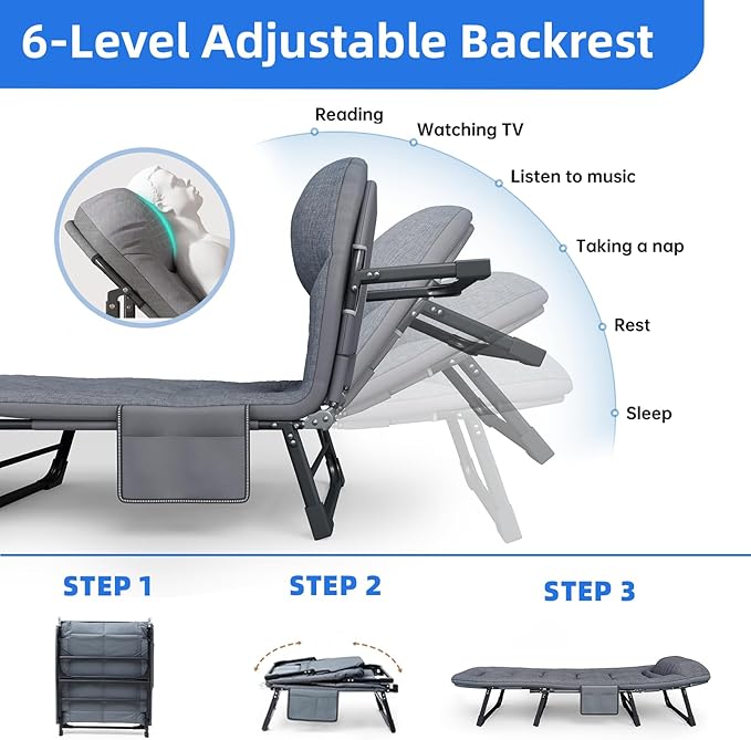 Camping Cot with Mattress, No Assembly Required Heavy Duty Folding Camping Cot for Adults, 550 Lbs Capacity Adjustable Portable Sleeping Bed for Indoor, Outdoor & Patio Use (L''80)