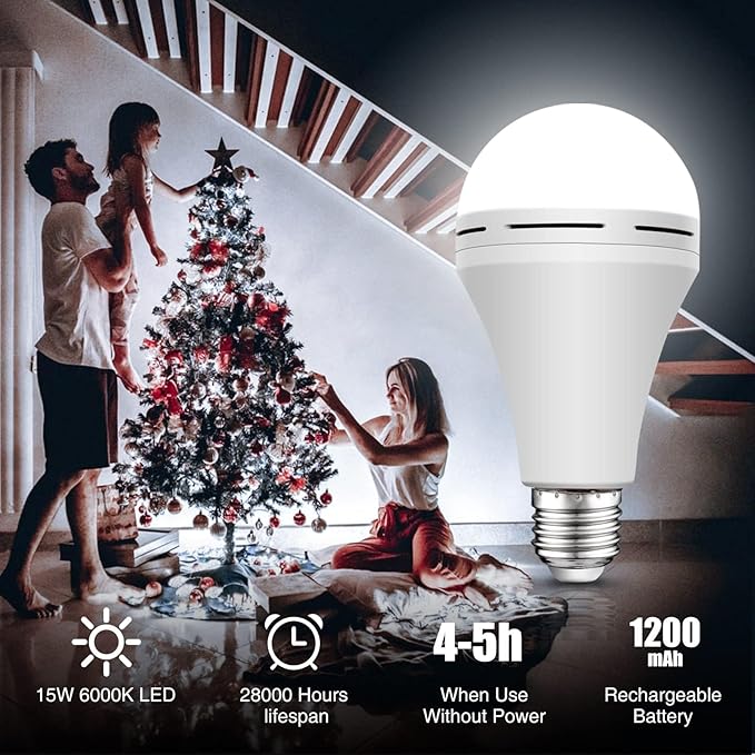 Neporal 4 Pack Emergency-Rechargeable-Light-Bulb, Stay Lights Up When Power Failure, 1200mAh 15W 80W Equivalent LED Light Bulbs for Home, Camping, Tent (E27, with Hook) (Daylight)