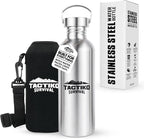 Tactiko Survival 34 oz/1000 ml Stainless Steel Wide Mouth Water Bottle, Single Wall Boil-Safe, Leakproof, BPA-Free with Carry Sleeve and Strap for Camping, Hiking, Outdoor Prep (Black)