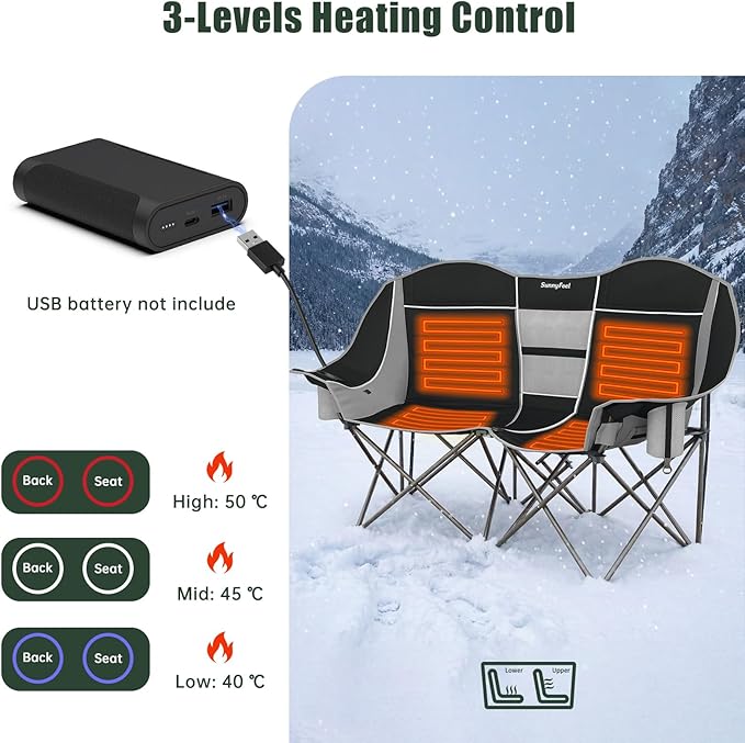 SUNNYFEEL Heated Double Camping Chair Oversized Folding Loveseat Chair for 2 Adults Heavy Duty Camping Couch 600 lbs with Cup Holders & Storage for Camping, Beach, Lawn, Patio RV & Indoor Use