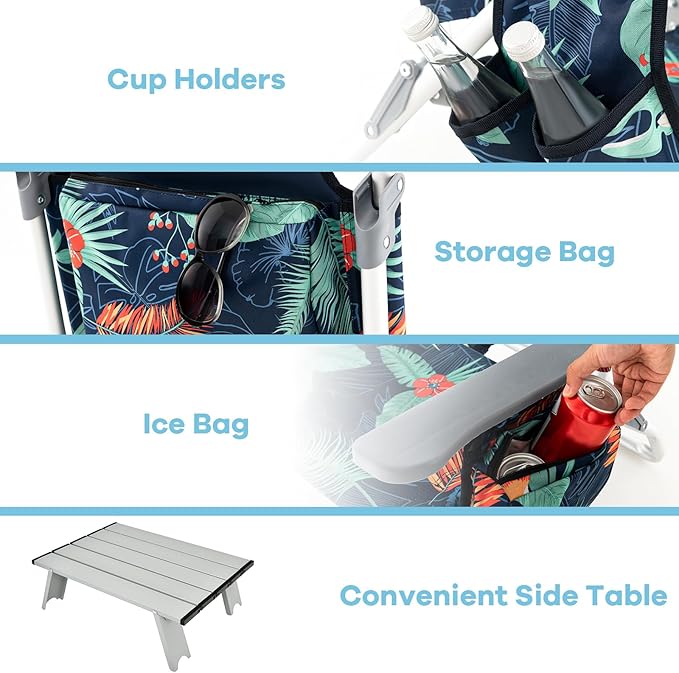 Goplus Beach Chair, Folding Backpack Beach Chairs for Adults with 5 Positions, Head Pillow, Cooler Bag, Towel Bar, Cup Holders, Sunbath Sling Tanning Lounge, Foldable Layout Camping Chairs