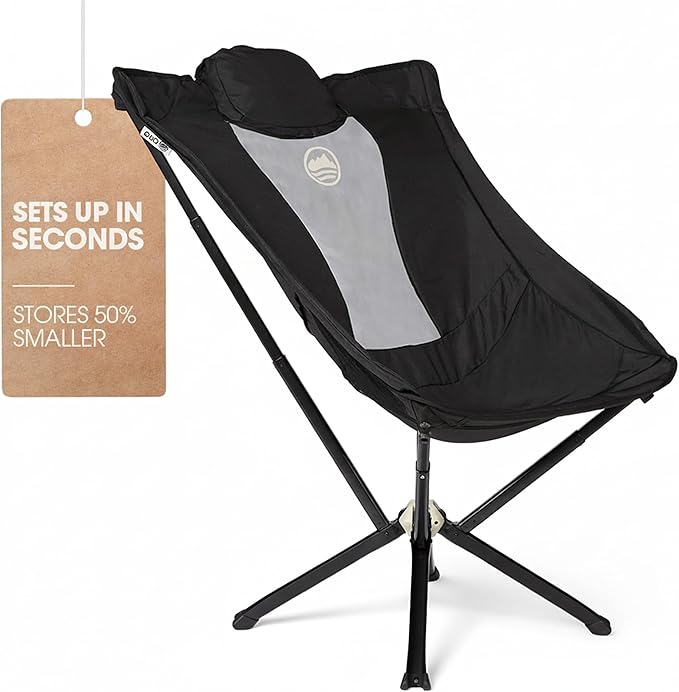 CLIQ EpiQ 1.0 Outdoor Lounge Chair - Folding Camping Chairs Set Up in Seconds - Lightweight Recliner Chair - Military Grade Frame Supports 400 Lbs Outdoor Adventures, Black