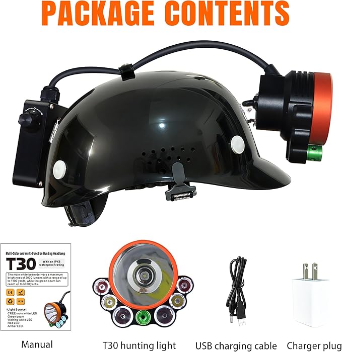 T28 5-Color 3000-Yard Coon Hunting Lights – 2000 lm White/Green/Red/Amber Spot & Green Beam, IPX6 Waterproof Night Hunting Headlamp for Varmint, Hog & Coyote Light (with ABS Black hat)