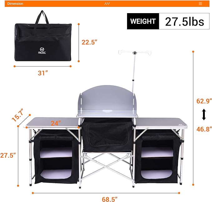 Nice C Camping Table, Storage Camping with Solar Panels Camping Kitchen Table, Upgrade Light Stand and 3 Organizers