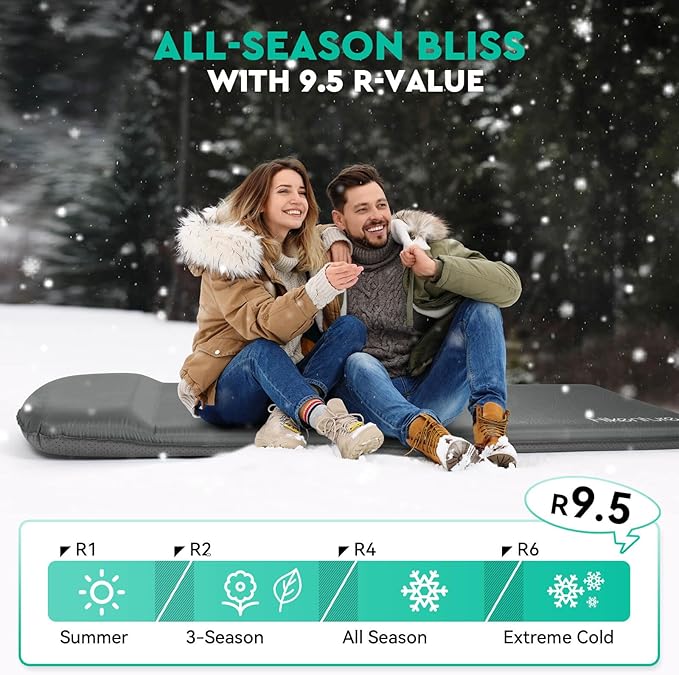 Hikenture Self Inflating Sleeping Pad for Camping, 3'' Ultra Thick Camping Pad with Pillow, 9.5 R-Value Insulated Camping Mattress, 4-Season Inflatable Foam Camping Mat for Car, Tent, Cot