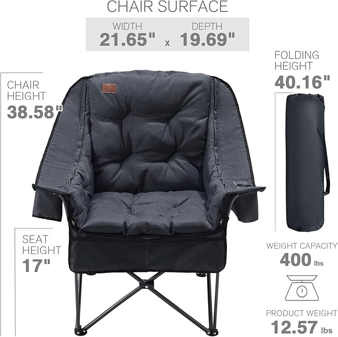 EVER ADVANCED 2 Set Camping Chair with Detachable Cushion, Mesh Chair for Adults Foldable, Oversized Heavy Duty Folding Chair with Cooler Mesh Pocket Cupholder Outdoor Fishing, Supports 400LBS Black