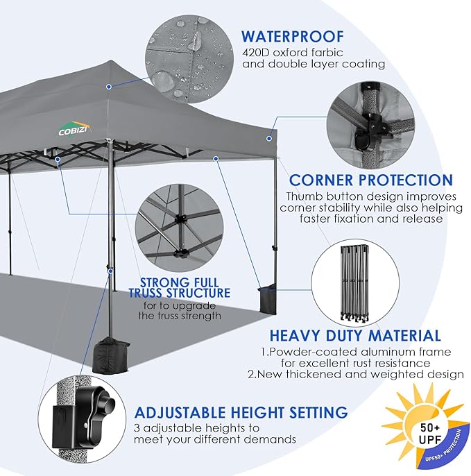 COBIZI 10x30 Pop up Canopy, Heavy Duty Outdoor Party Tents for Parties, Easy up UPF 50+ Waterproof Commercial Canopy with Wheeled Bag can fold, Gray(Windproof Upgraded)