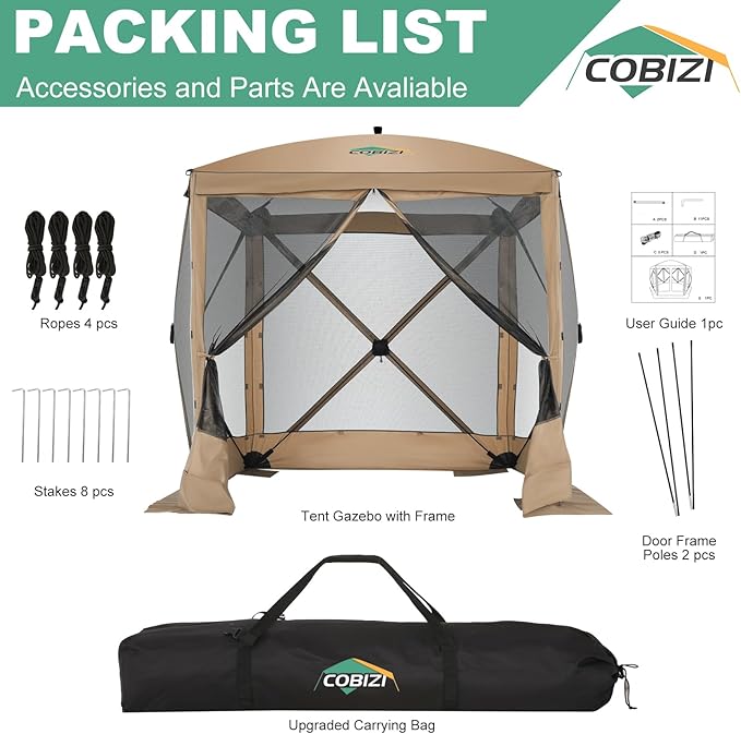 COBIZI 6x6 FT Pop up Gazebo Tent, Waterproof Instant Screen with Mosquito Netting, Portable Outdoor Small Screen Tents Sun Shelter, carpas para Patio for Outdoor Camping, Backyard and Garden, Khaki