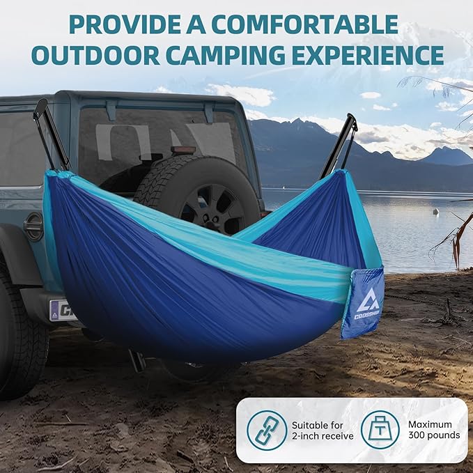 Hitch Mount Hammock Stand - Includes Parachute Nylon Hammock & Storage Bag - for 2'' Receiver, Fits Class III & IV Heavy Duty Trucks, for Camping, Outdoor, Travel (350lbs Weight Capacity)