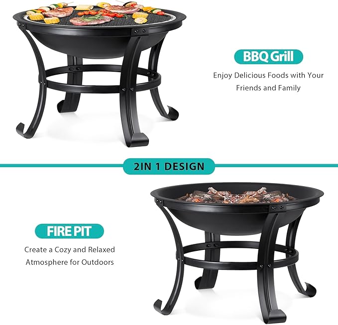22 Inches Portable Fire Pit Outdoor Wood Burning Steel Lightweight BBQ Grill Firepit Bowl with Log Grate&Poker for Outside Patio Campfire Bonfire Backyard