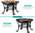 22 Inches Portable Fire Pit Outdoor Wood Burning Steel Lightweight BBQ Grill Firepit Bowl with Log Grate&Poker for Outside Patio Campfire Bonfire Backyard