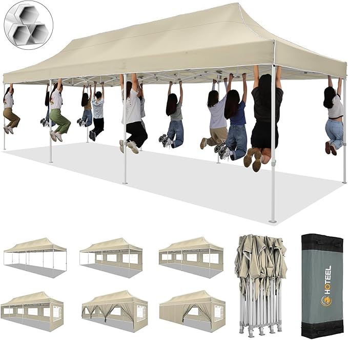 HOTEEL 10x30 Heavy Duty Pop up Canopy Tent for Parties with 8 Sidewalls, Easy Setup Outdoor Commercial Instant Gazebo for Wedding Event, with Portable Bag & Sand Bags, Khaki(Hexagonal Frame)