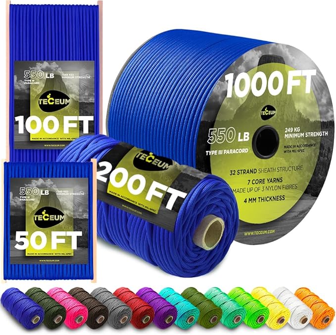 TECEUM 5/32" Paracord Rope 1000 – 1000ft / 200ft / 100ft / 50ft – Tactical Parachute Cord 4mm – 45+ Colors – Nylon String for Survival & Camping Gear – Stripe Cord for Survival – Utility Rope