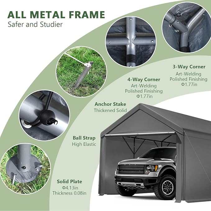 Carport 10x20ft Heavy Duty Canopy,Portable Garage Party Tent,Portable Garage with Removable Sidewalls & Doors All-Season Tarp for Car,Truck,Party Grey
