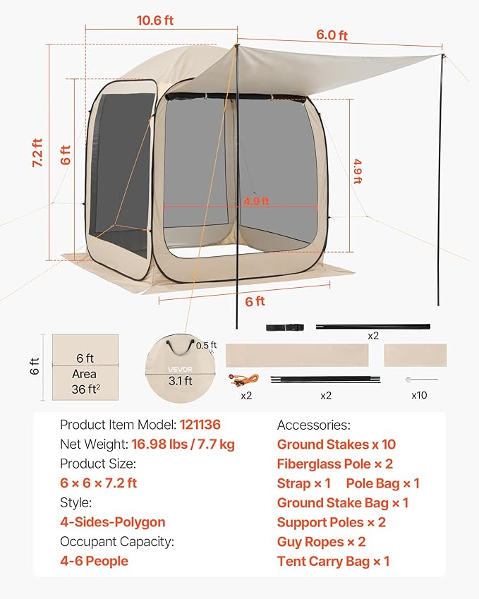 VEVOR 6 x 6 ft Pop-Up Screen House Tent with Extended Awning, 4–6 Person Screen Gazebo, Portable Screened Canopy with Carry Bag, Netting Sides & Ground Stakes for Patio, Backyard & Outdoor Activities