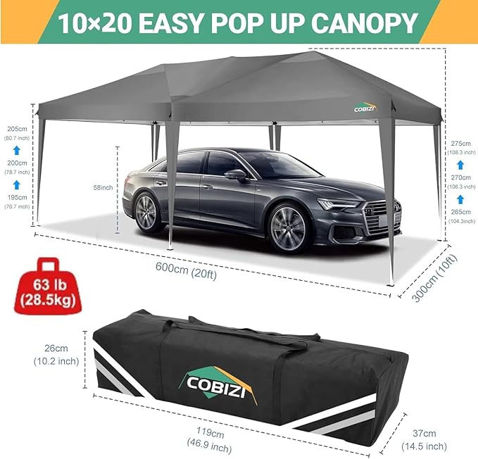 COBIZI 10x20 Pop Up Canopy Tent with 6 Sidewalls Party Tents Waterproof UPF 50+ Commercial Instant Outdoor Events Tent for Parties Markets Backyard, Ropes（10 x 20 ft Gray