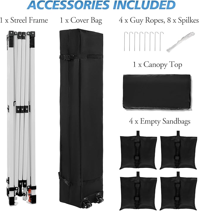 WEIZE Pop up Canopy Tent 10x10ft, 1-Button Push Setup, Instant Portable Shelter, Adjustable Height, Portable Roller Bag, 4 Weight Bags, Guy Ropes & Stakes Included, Black