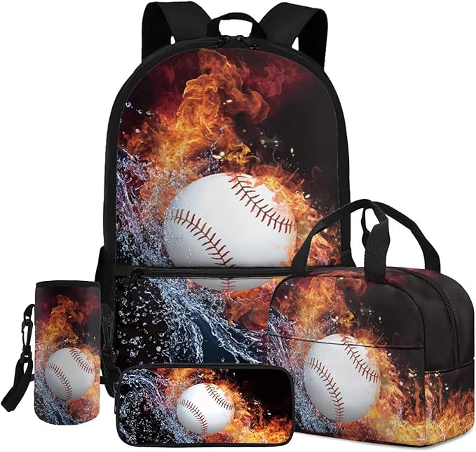 4 in 1 Print Backpack with Lunch Box and Water Bottle Kids School Backpack Boys Basketball Lightweight Teen Bookbag for Boys Ages 8-12 Kindergarten Elementary Middle Camping Travel