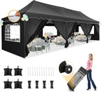 HOTEEL 10x30 Pop Up Canopy with 8 Sidewalls, UV 50+ and Waterproof 10×30 Party Tent, Thickened Frame, Large Space Easy Pop Up Canopy, Outdoor Canopy for Weddings, Beaches, Parties, Patio (Black)