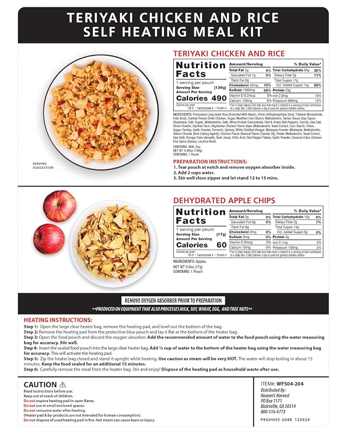 Heaven's Harvest Self-Heating Emergency Meal Kit (10 Year Shelf Life) — Tastier than MRE Meals & Ready-To-Eat in Minutes! Just add water to activate the “cooking” process. (Teriyaki Chicken) (6-Pack)