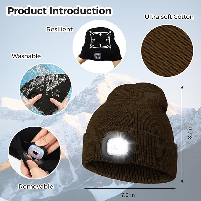 LED Beanie Hat with Light, Headlamp Beanie Cap Unisex Winter Warm Knit Night Light Hat, Knit Beanie Gifts for Men Women Kid