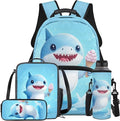 Shark Backpack with Lunch Box Blue Bookbag Cute Lightweight Kids Bookbag with Lunch Box Boys 4 Pcs School Bags for Boys 10-12 Travel Outdoor Camping Daypack Graduation Gifts