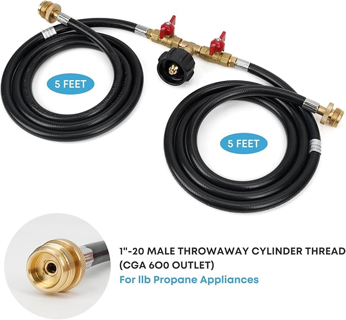 Stanbroil 5 Feet Propane Hose with QCC1 / Type1 Fitting, 2 Way Y Splitter Hose with Shut Off Valve Perfect for Camping, Heater, Grill, Stove