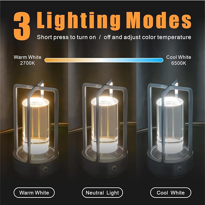 Rechargeable Table Lamp Cordless, Portable Metal Table Lamp 3 Color | Crystal | Stepless Dimming, for Bedroom, Cafe, Camping, Bar, Dining Table, Restaurant