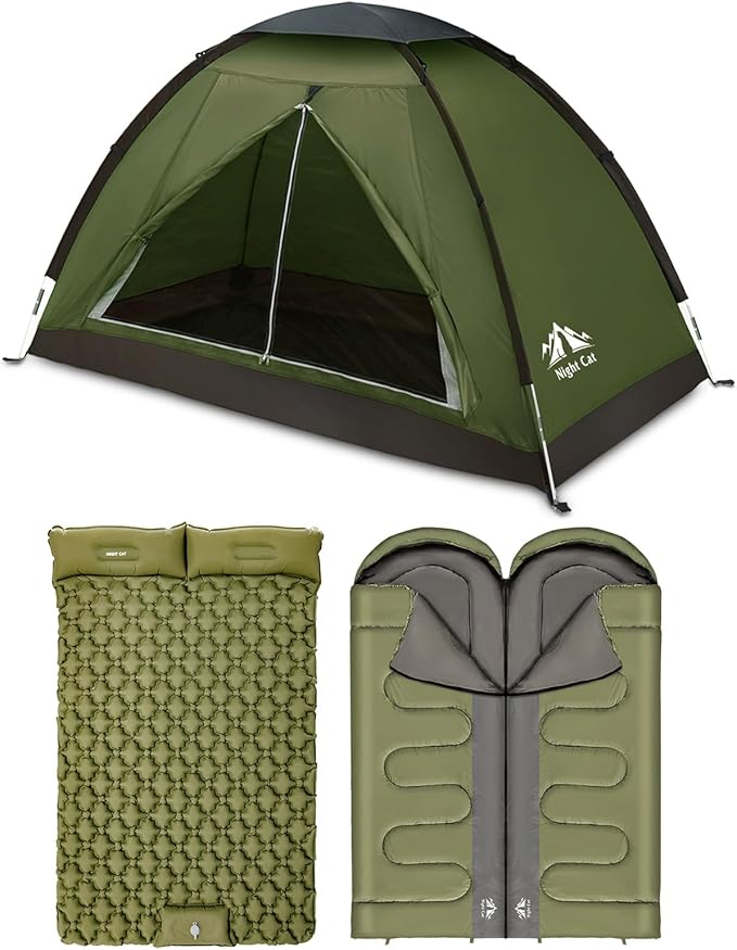 Night Cat Backpacking Tent with Inflatable Double Sleeping Pad Double Sleeping Bag for 2 Persons Camping Combo Set
