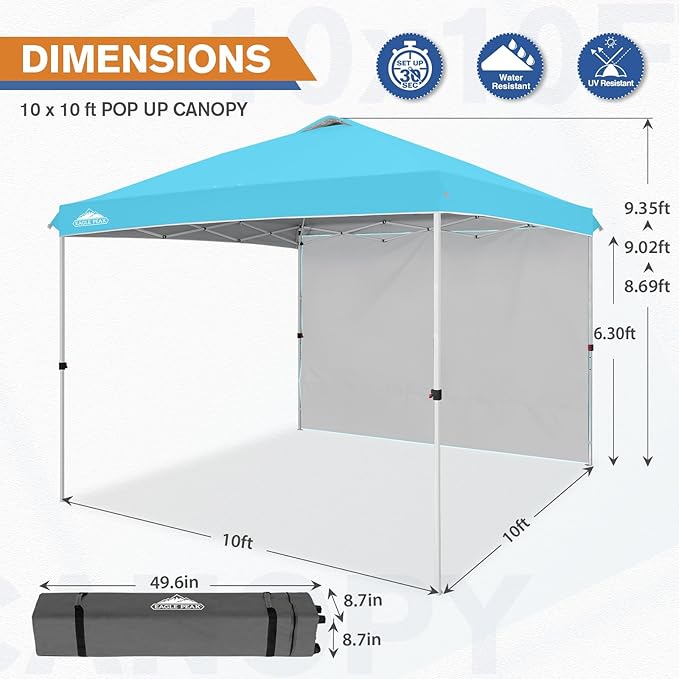 EAGLE PEAK Commercial Canopy 10x10 Pop Up Canopy Tent with 1 Sidewall, Easy Setup Heavy Duty Instant Event Shelter for Vendors & Markets, Outdoor Sun Shade, Light Blue