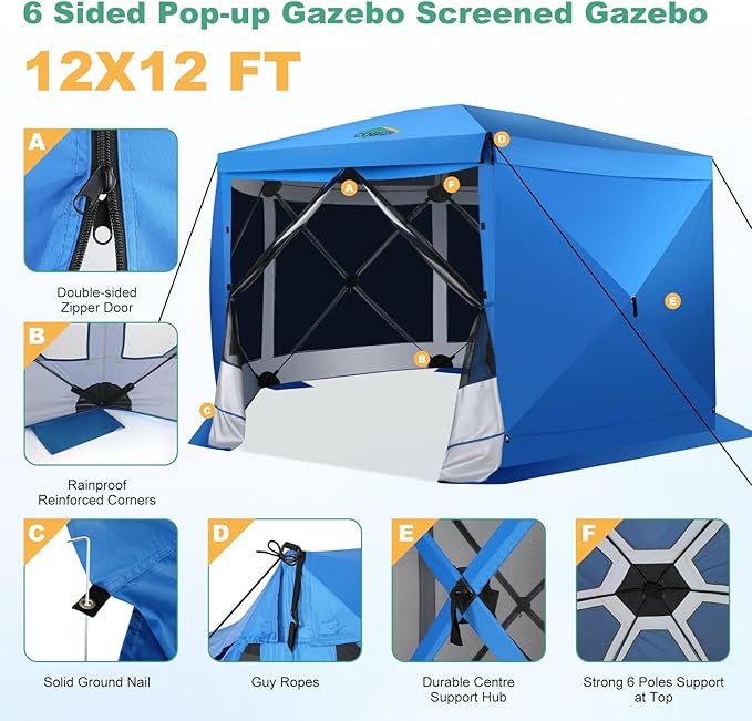 COBIZI 12x12 FT Pop Up Canopy Extendable Tent, Gazebos On Clearance with Removable Roof, Screened in Gazebo,Screen Tents Portable carpas para Patio for Outdoor Camping,Backyard,Garden, Blue(Upgraded)