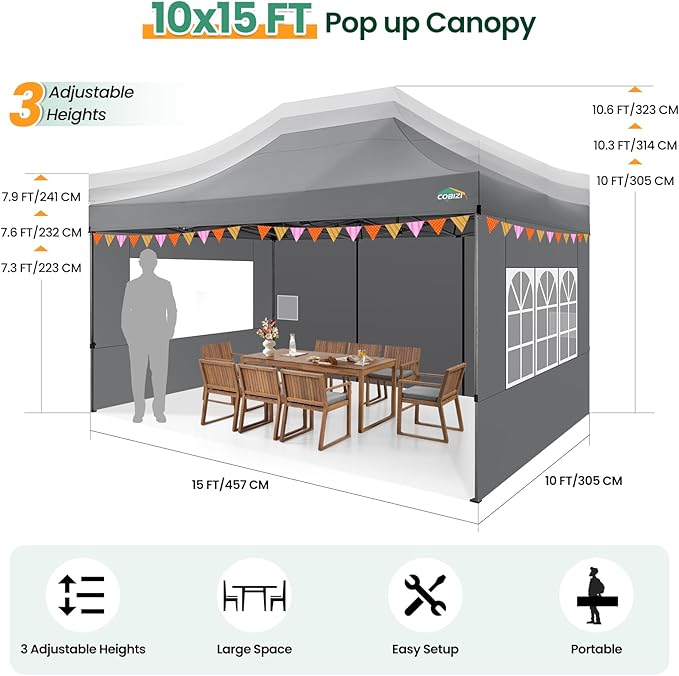 COBIZI 10x15 Heavy Duty Pop up Canopy Tent with 4 sidewalls, Commercial Outdoor Tents for Parties,Backyard Event, Wedding, All Season Waterproof Event Shelter with Carry Bag, Gray(Frame Thickened)