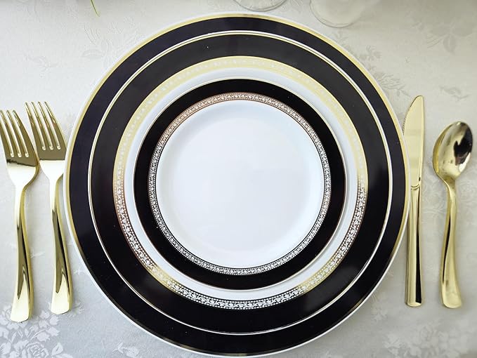OCCASIONS 50-Piece Plastic Plates Set for 25 Guests – Heavy Duty Disposable Dinner & Dessert Plates, BPA-Free,Fancy Party/Wedding Dinnerware, Ritz Black & Gold