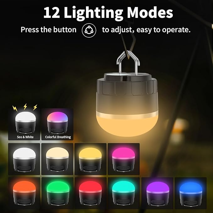LED Camping Lantern Rechargeable, 1000LM Portable Tent Light with 12 RGB Lighting Modes, Power Bank, Waterproof, Mini Flashlight with Magnetic Base for Emergency, Power Outages, Hiking, Home